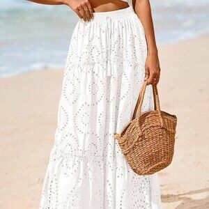 White Boho Women's Tiered Flowy Maxi Skirt with Lace Embroidery